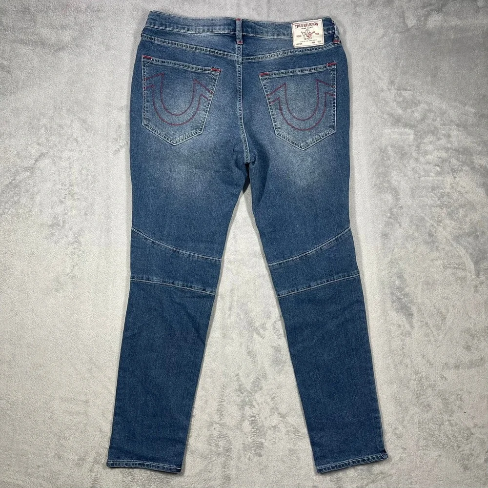 True Religion Rocco Moto Jeans Mens 32(34) Blue Relaxed Skinny Ribbed Knee